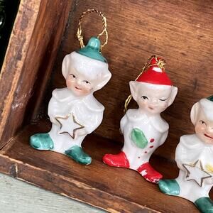 Vintage Hand Painted Porcelain Bell Ornaments Commodore Japan Elf Gnome PAIR